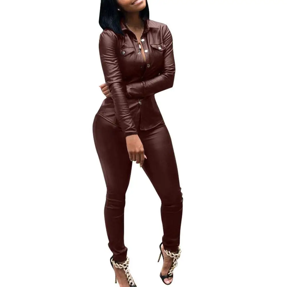 

Pant Sets Women Casual Leisure elegance Solid Color Faux Leather Turn Down Collar Shirt Pants Two-piece Set Women's Clothing