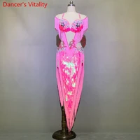 customize belly dance performance costume tassel bra sexy split sequin glitter skirt set oriental indian drum dancing stage wear