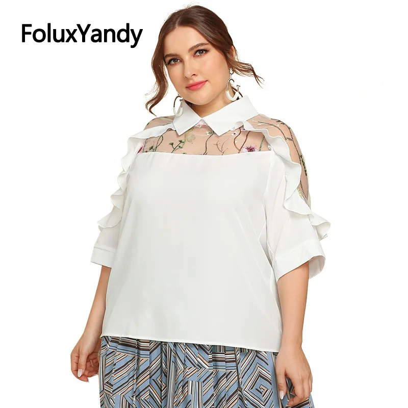 

Half Sleeve Ruffles Blouse Women Plus Size Turn-down Collar Floral Embroidery Transparent Summer Blouse White 3XL 4XL HMJR36