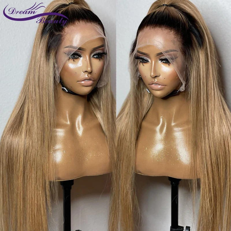 Ombre Blonde Straight Lace Front Wigs For Women Peruvian Human Hair Wigs 180% Density 13x4 Lace Frontal Remy Wigs Dream Beauty