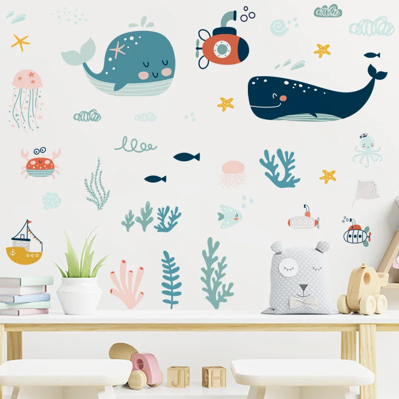 

Cartoon Seabed Whale Fish Wall Stickers Home Decor Bathroom Toilet Door Closet Bedroom Kids Room Animal Drawing Vinyl DIY Decal