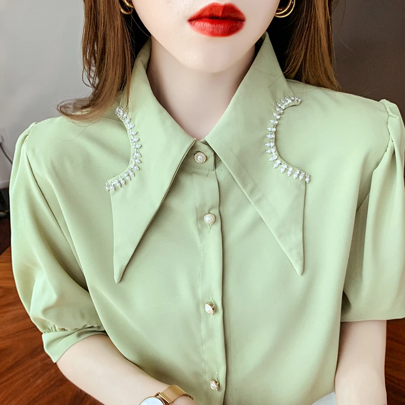 

Шифоновая Свободная Женская блузка, новинка, цветные рубашки с кукольным воротником, летние модные блузки, повседневные Однотонные блузки ...