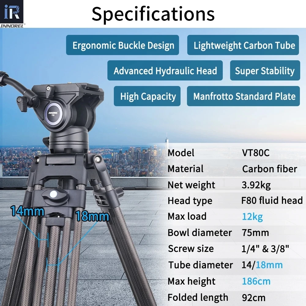 INNOREL VT80C Professional Carbon Fiber Video Tripod Fluid Head For DSLR Camera Camcorder Slider 1.86M 12kg Load | Электроника