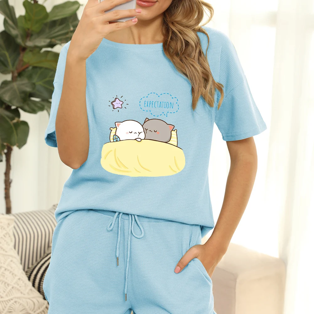 

Летнее Хлопковое платье Kawaii комплект пижамы с героями мультфильмов для женщин пижамы для сна, одежда для сна, пижама Mujer размера плюс, укороч...