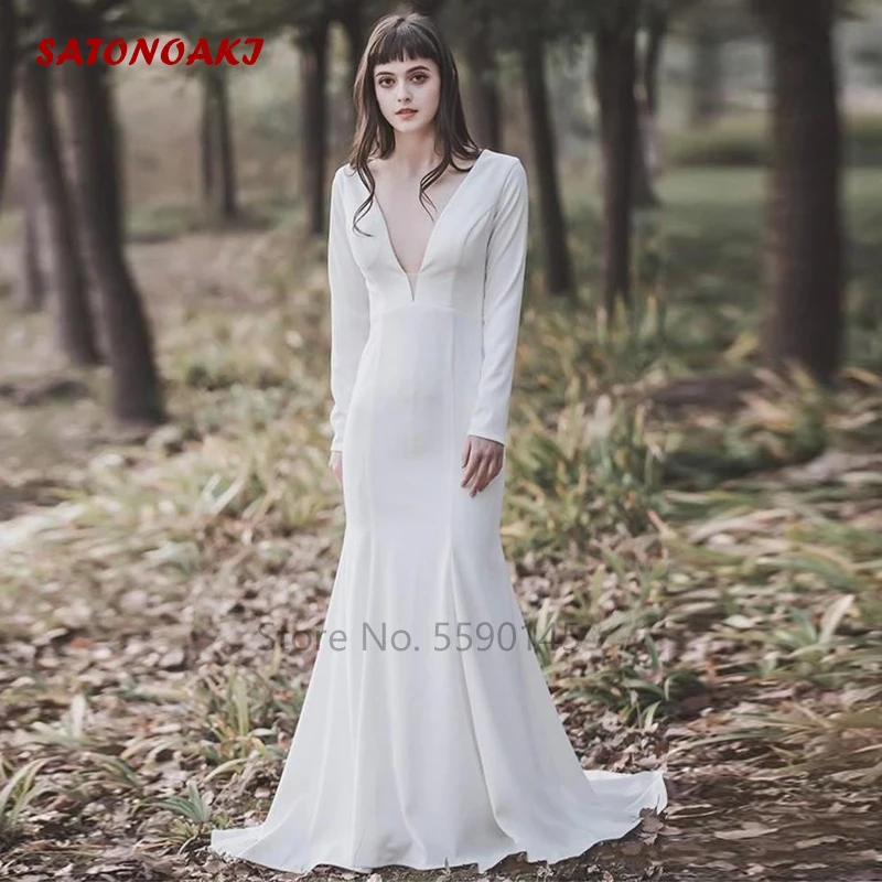 

Simple Country Mermaid Wedding Dress 2020 Long Sleeves Deep V-Neck Summer Boho Mariage Gown Vestido De Novia Online Shop India