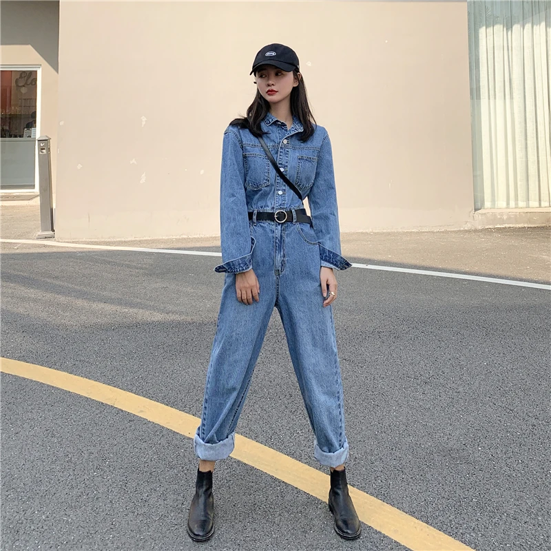Женский джинсовый комбинезон в стиле бойфренда весенний Облегающий с длинным
