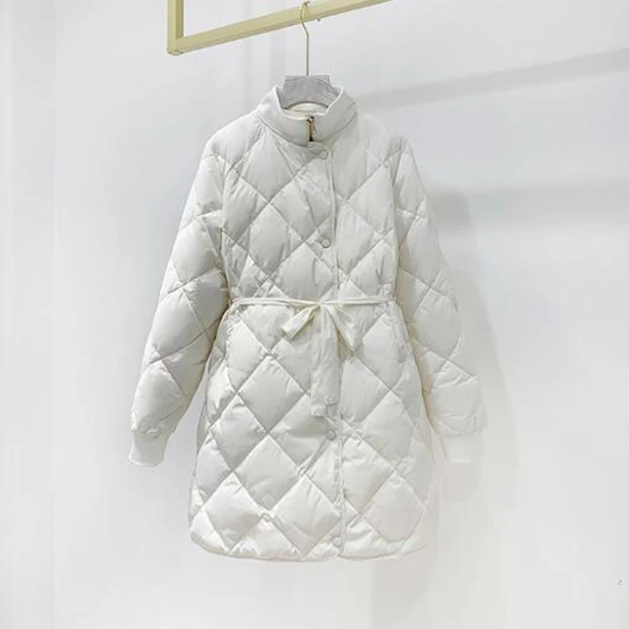 

2020 winter new down jacket women's long white duck down Loose fashion light hooded Diamond shape square Female jacket