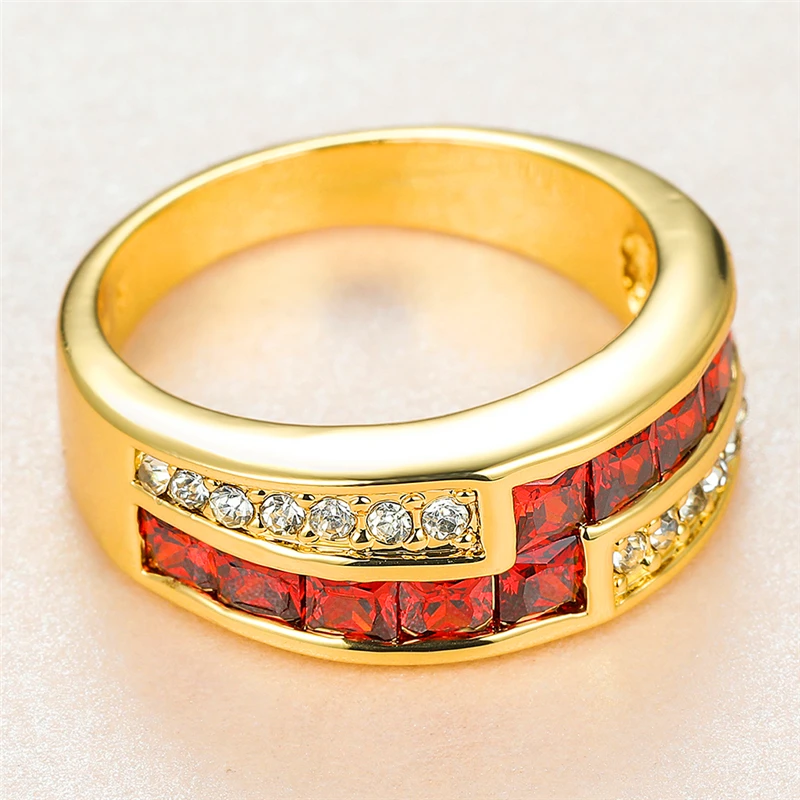 

Trendy Female Red Crystal Big Ring Charm Gold Color Wedding Rings For Women Luxury Bride Square Zircon Engagement Ring