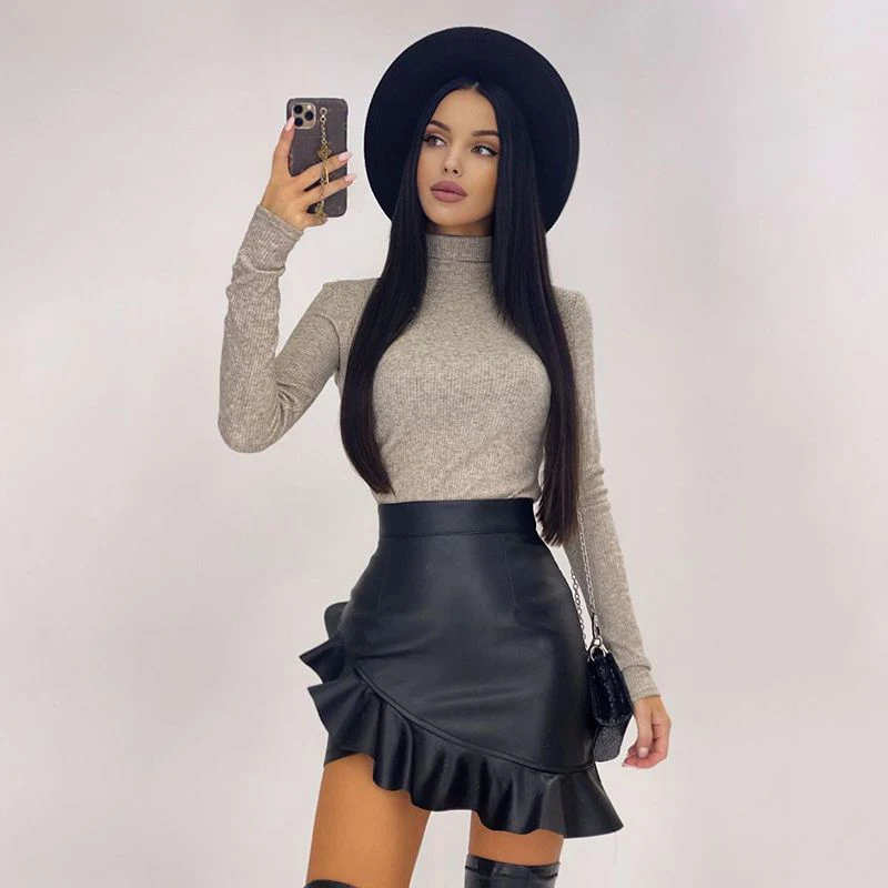 

Women Sexy PU Skirt Ladies Black Ruffle Asymmetric Faux Leather Mini Skirt High Waist Flare Fashion Office Female Skirts