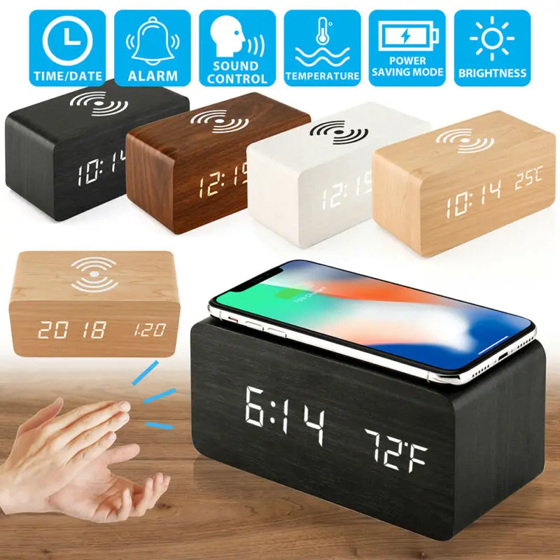 Фото 2 IN1 Modern Wooden Wood Digital LED Electric Alarm Clock Thermometer Qi Wireless Charger Charging Pad Station Мобильные телефоны 2 IN1 Modern Wooden Wood Digital LED Electric Alarm Clock Thermometer Qi Wireless Charger Charging Pad Station Мобильные телефоны