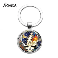 punk moon sun pattern skull keychain pop grateful dead rock band symbol glass crystal key ring chaveiro for music lovers jewelry