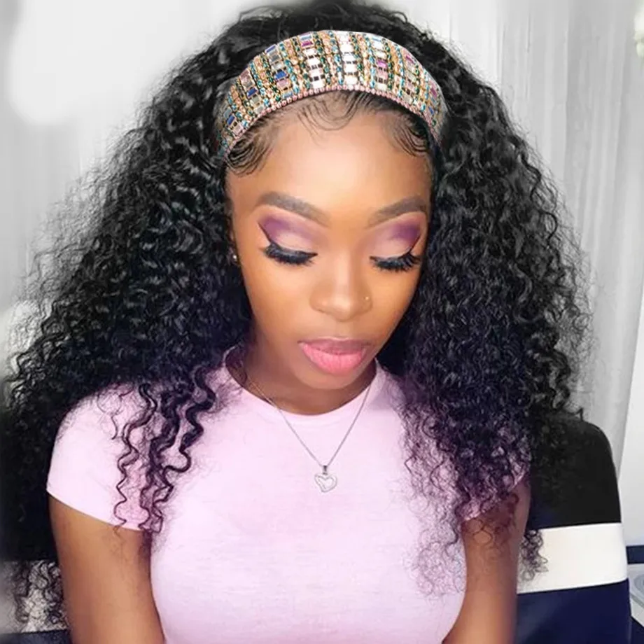 Кудрявый вьющиеся парик с головной повязкой человеческие волосы 180% плотность