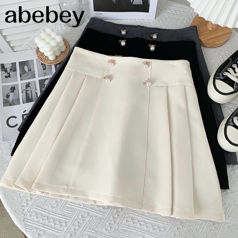 

Temperament versatile solid color Skirt pearl double breasted high waist short A-line pleated Skirt 2021 New Summer Women