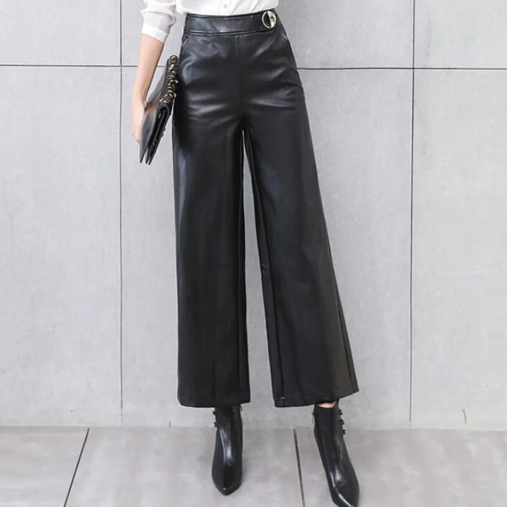Women' s PU Leather Trousers 2022 Autumn Fashion OL Wide Leg Pants Casual Solid Bottoms Femme Pantalon | Женская одежда