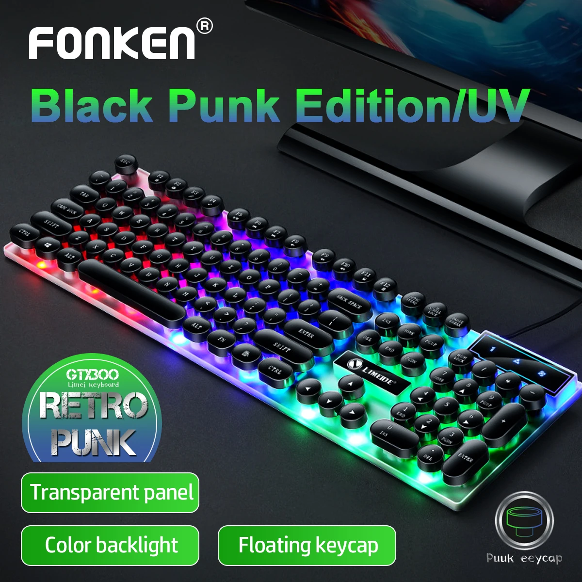 

FONKEN Retro Punk Color Grading Keyboard Blue Black Switch 104 Keys USB Wired Gaming Keyboards RGB Backlit For PC Laptop Gamers