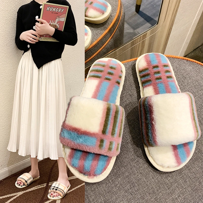 

Winter Home Furnishing Slippers Fashion Artificial Fur Warm Shoes Ladies Flat Slippers Ladies Slippers Plush Indoor Outdoors