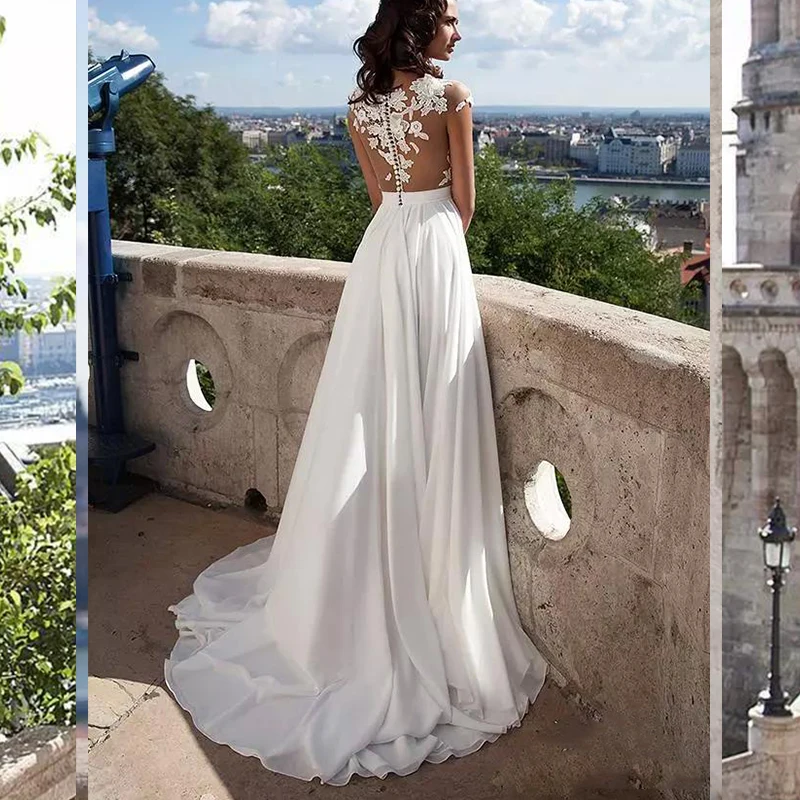 

Boho Simples Elegante Chiffon Bohemian Vestidos de Noiva 2021 Sheer Neck Lace Apliques Cap Mangas Coxa-Alta Fendas Praia Vestid