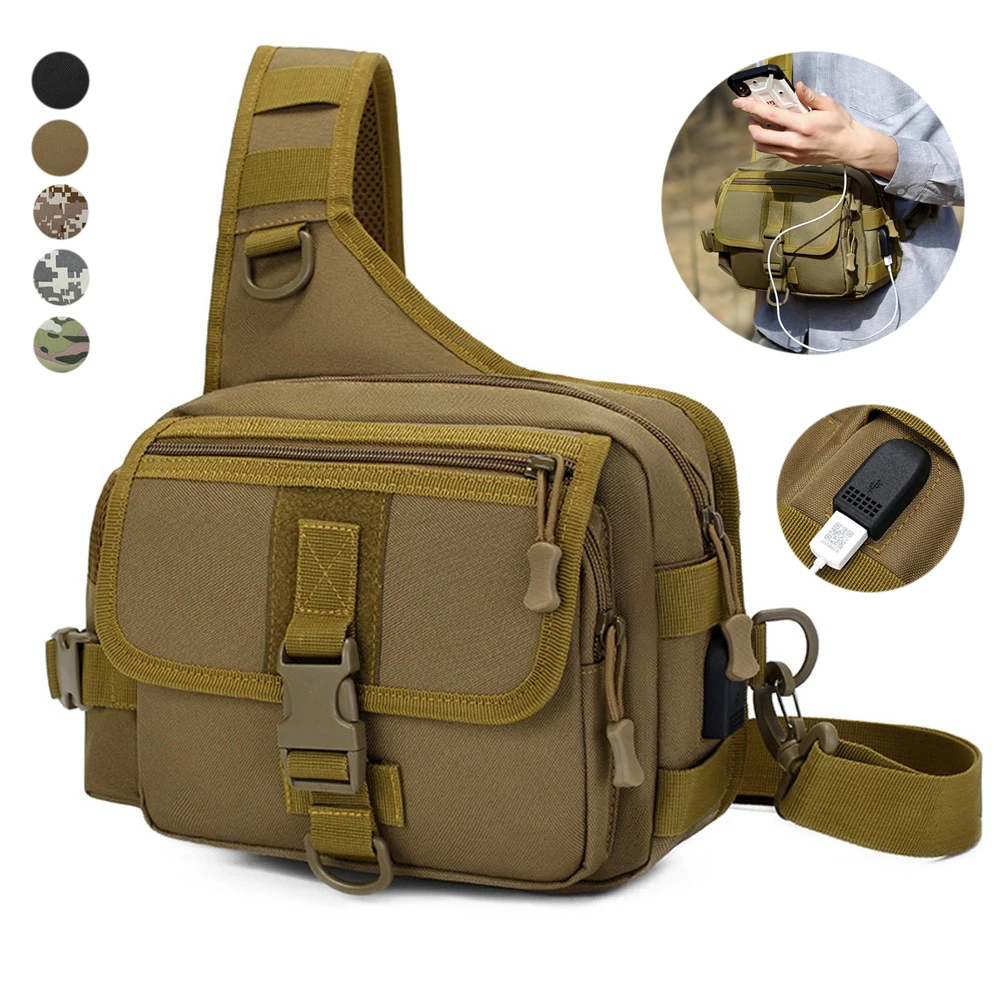 

USB Charging Tactical Sling Shoulder Bag Waist Pack Fish Lure Bag Outdoor Hunting Pouch MOLLE EDC Crossbody Pack