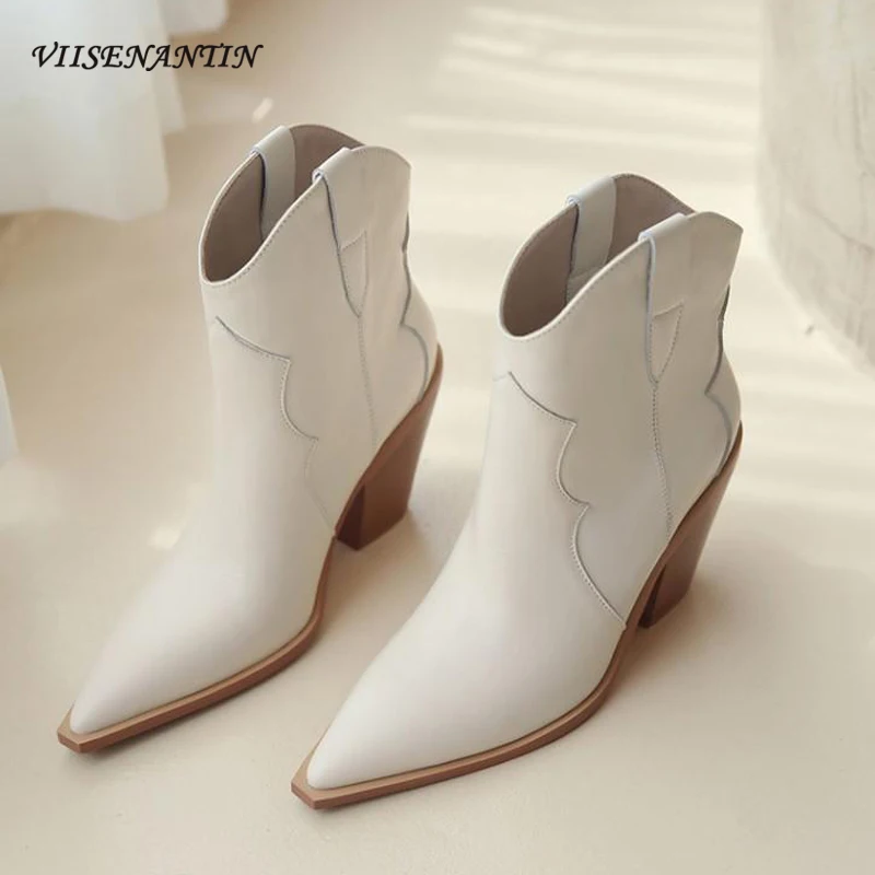 

Autumn and Winter New Thick Heel High Heel Pointed Sleeve Cowhide Stitching Stitching Women's Boots Beige Fashion Martin Boots