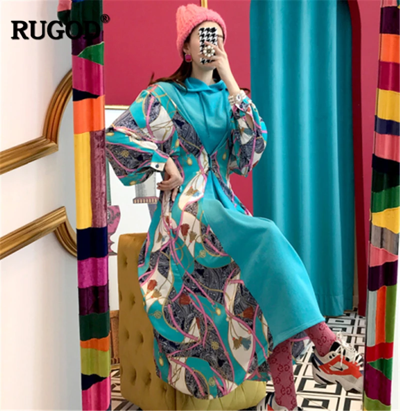 RUGOD/Новинка года; осеннее женское платье с капюшоном в стиле пэчворк; модное Стильное дизайнерское платье