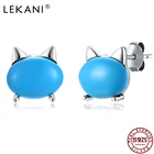 LEKANI 925 стерлингового серебра серьги-гвоздики для девочек простой овальной Форма синий котенок, годовщину женщине, на официальное мероприятие, на серьги ювелирные украшения Best
