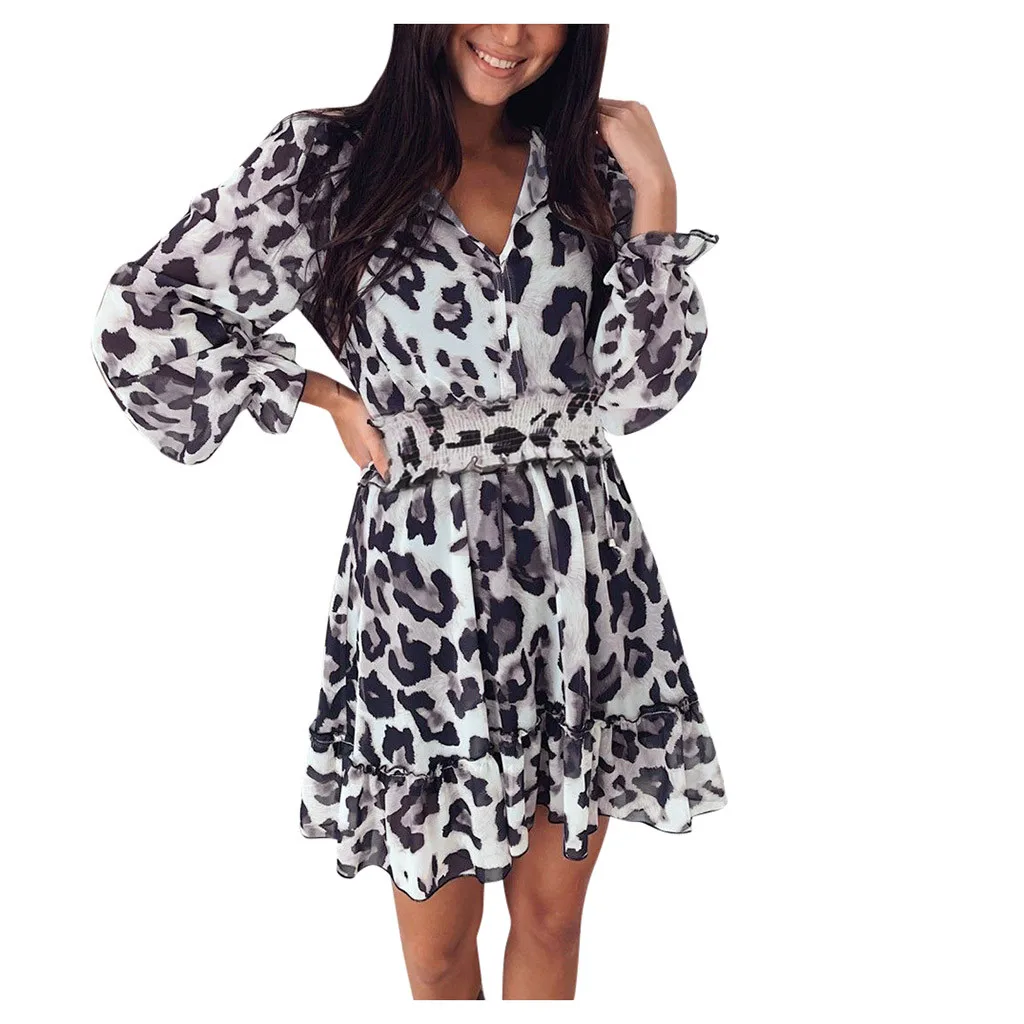 Fashion Women'S Lapel Puff Sleeve Dress Leopard Print Short Party Club Sports Casual Loose Comfort Z1125 | Женская одежда