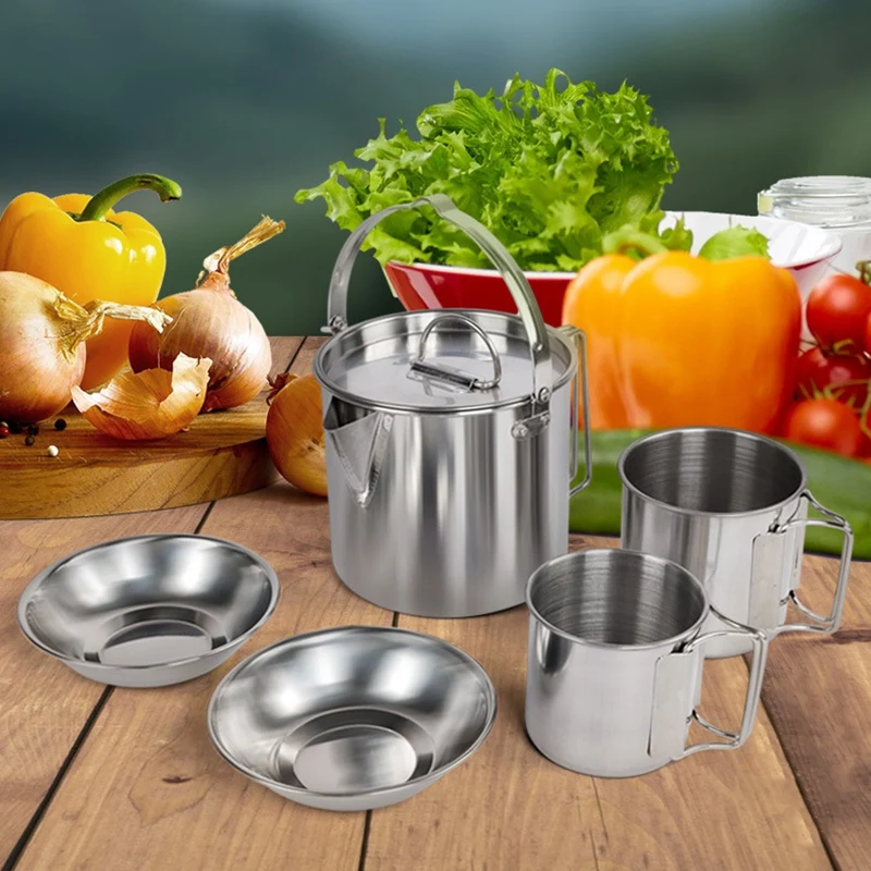 

5Pcs/Set Stainless Steel Cooking Kettle Portable Outdoor Camping Backpacking Pot with Foldable Handle