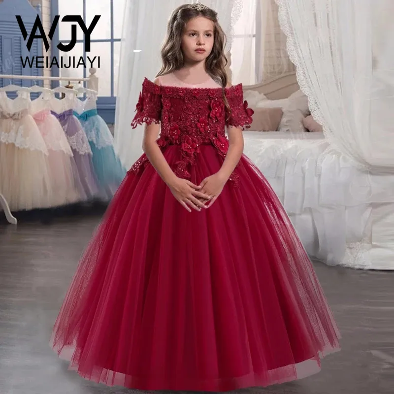 

Burgundy Pink White Ball Gown Christmas Dress Lace Short Sleeve Flower Girl Dresses Flowers Wedding Party Kids Children Pageant