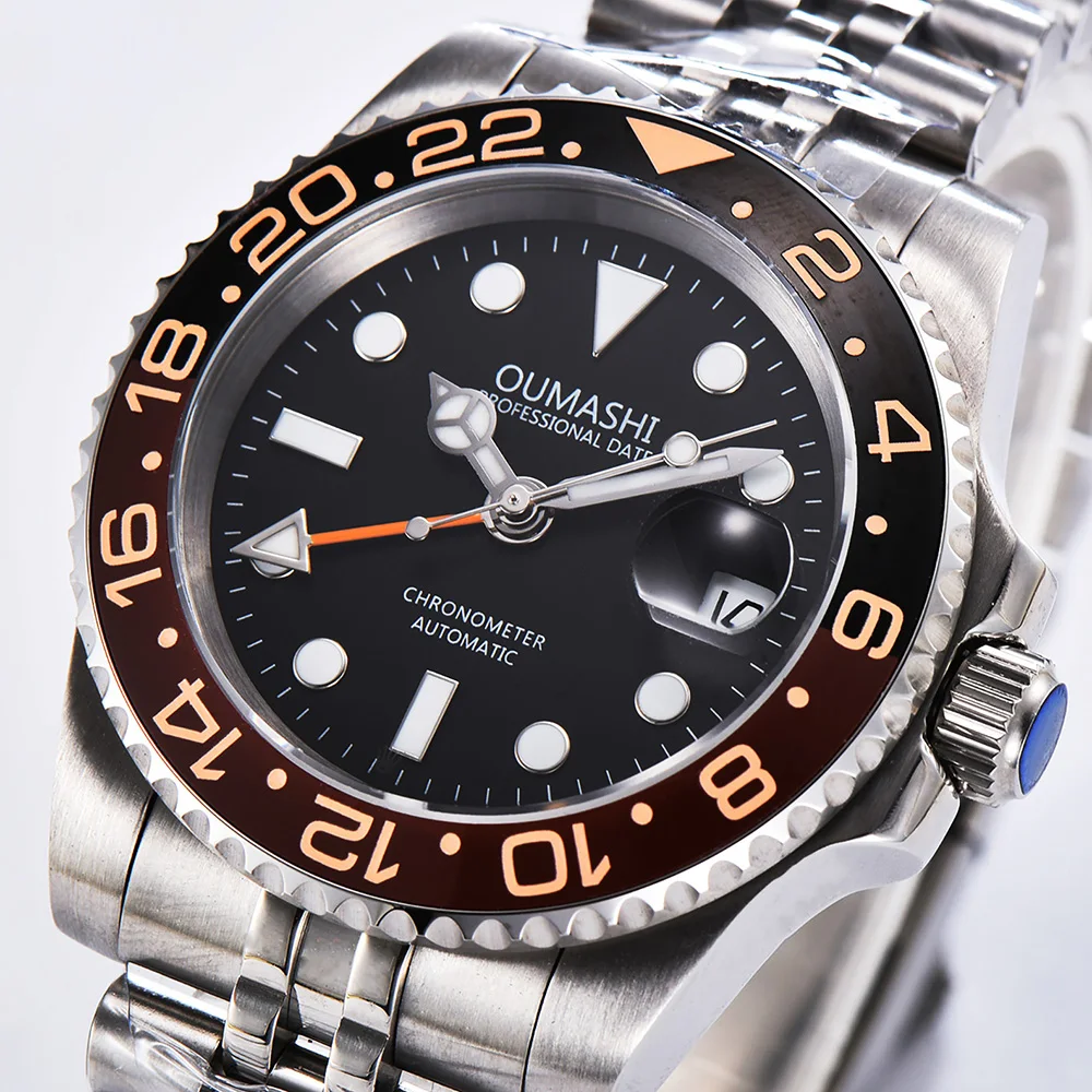

oumashi automatic mechanical men's watch men GMT black Orange bezel sapphire glass blue Luminous date stainless steel