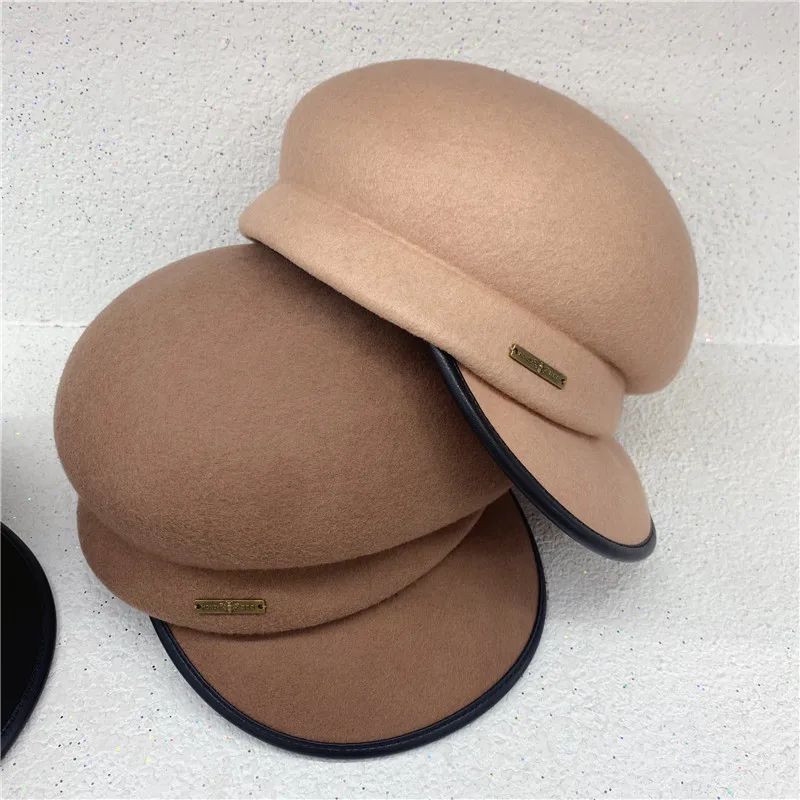 

202109-dudu japan style winter wool fashion big hat pu brim leisure Octagonal hat men women visors cap