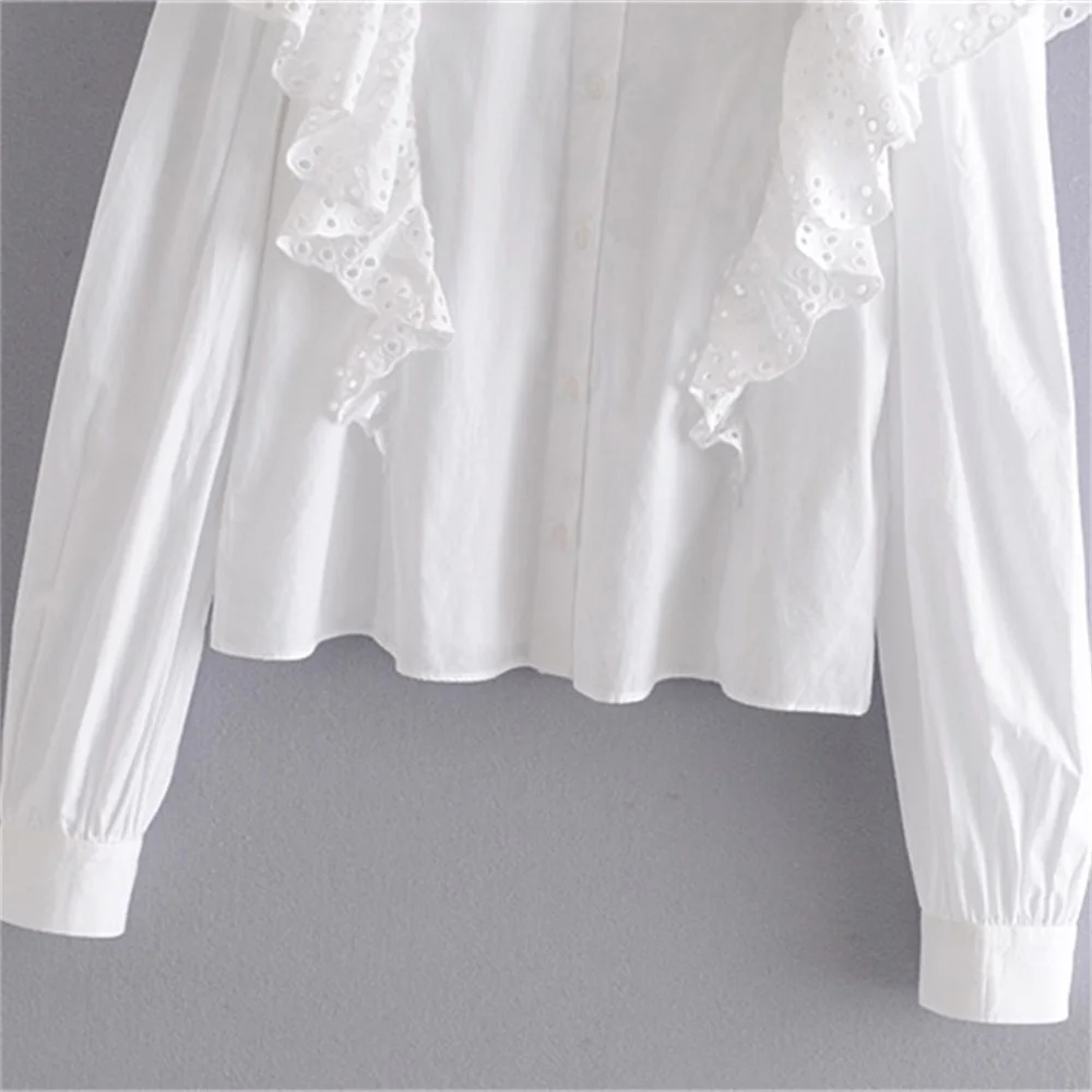 

2020 spring women's new lapel long stitching laminated lotus leaf decorative sleeve shirt hollow embroidered poplin shirt