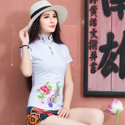 Cheongsam Топ традиционная китайская одежда для женщин с длинным рукавом размера плюс 5XL рубашка хлопковая винтажная одежда Топ Футболка Блузка рубашка - Цвет: White Short Sleeve