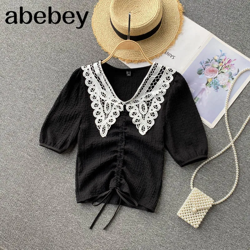 

Women Bohemian Floral Blouse Korean Retro Puff Sleeve V Neck Short Tops Summer Elastic Ruched Ruffles Print Blouses