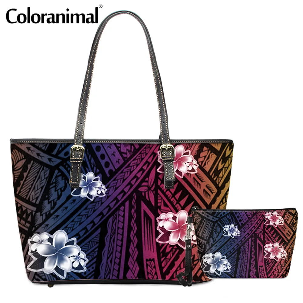 

Coloranimal Ehnic Tribal Style Women PU Shoulder Bag Gradient Polynesian Plumeria Pattern Crossbody Bag for Ladies 2Pcs Handbag