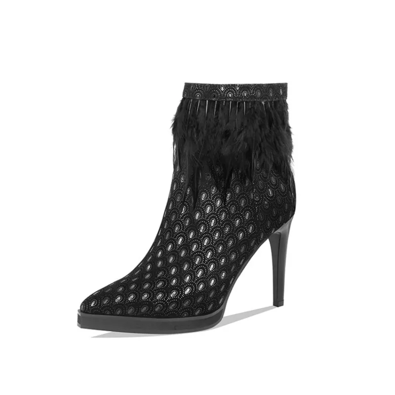 

Perixir Winter Ankle Boots for Women Handmade Luxury Designer Stiletto Platform Embroidery Pointy Toe Boots Feather Booties Shoe