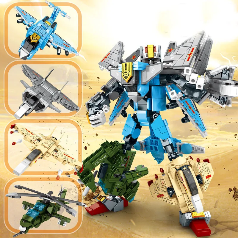 

4 In 1 City Transformation Robot Block Set DIY Mini Helicopter Transport Airplane Fighter Building Bricks Christmas Toy For Kids