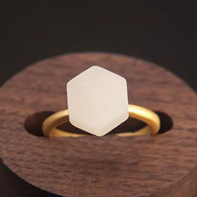 

SNew silver inlaid natural Hetian white jade ring geometric shape cold wind niche design retro women's opening adjustable ring