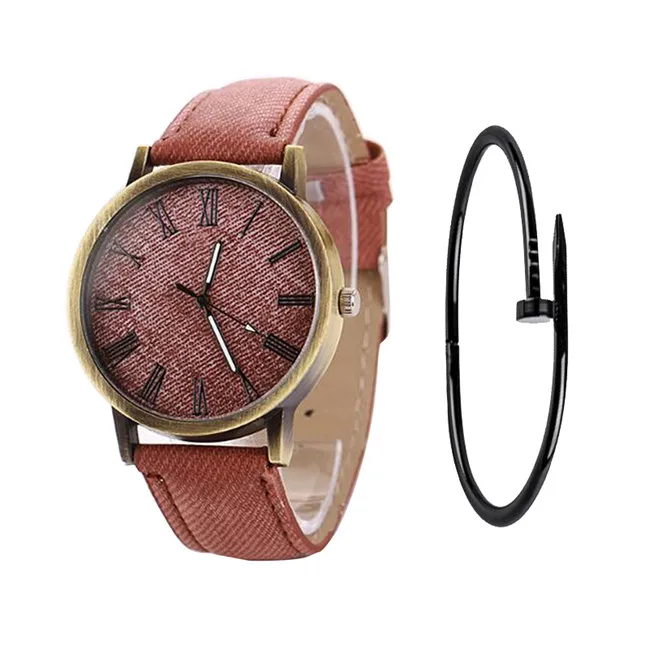 brown and bracelet Ретро простые женские часы женские повседневные кварцевые наручные часы многоцветный кожаный ремешок новые женские часы reloj mujer час - Цвет: brown and bracelet