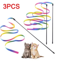 3pcs cat toys cute funny colorful rainbow ribbon short rod teaser wand plastic pet toys for cats interactive stick cat supplies
