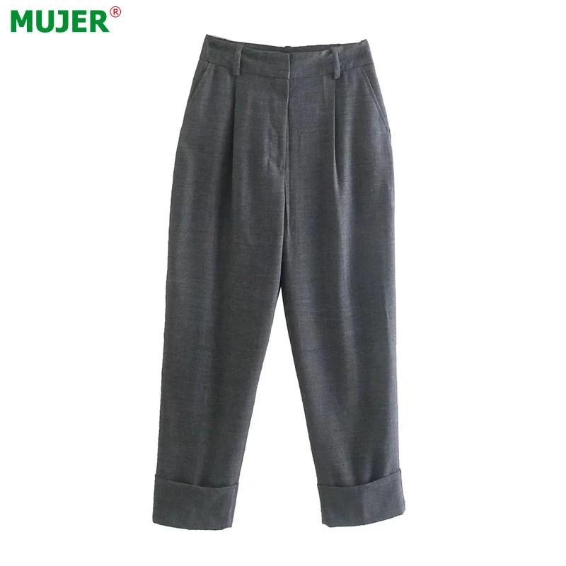 

Женские офисные брюки Za, серые брюки с высокой талией, винтажные прямые штаны, уличная одежда на осень 2021