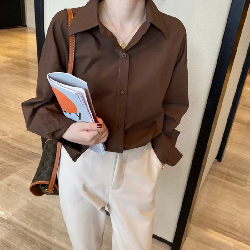 

New 2021 Women Spring Solid Candy Color Blouses Shirts Vintage Oversized Lady Tops Shirt Coat Plus Size White Blusa Girl