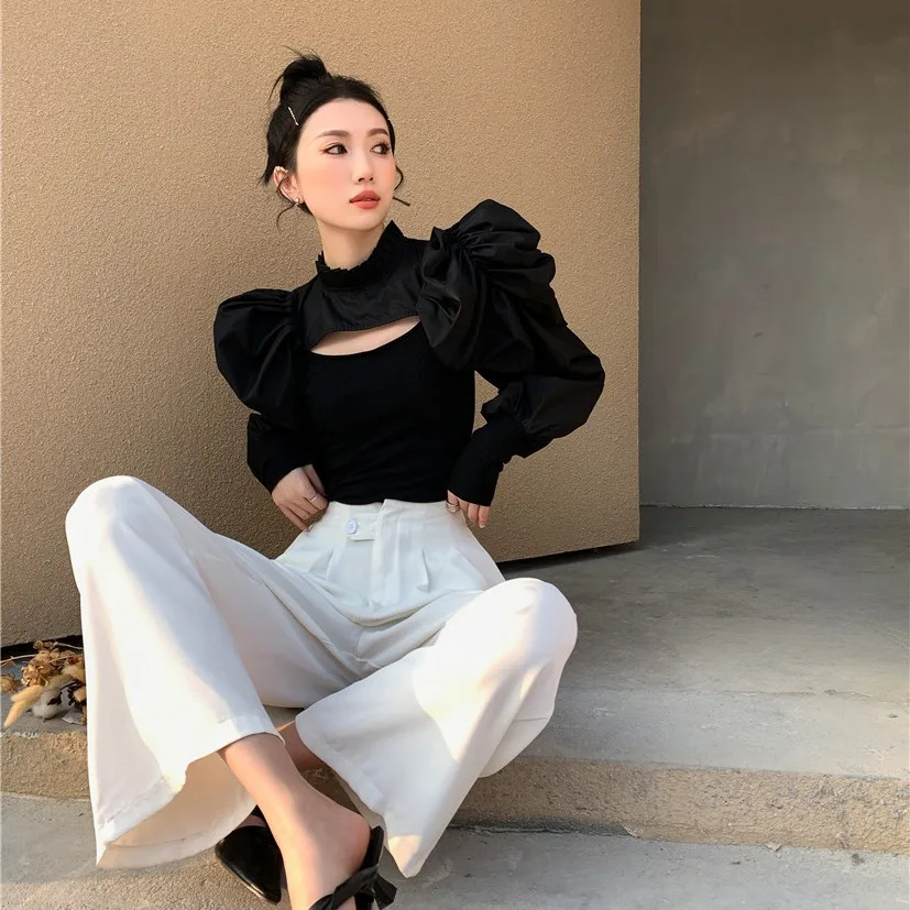 

2021 Spring Sexy Style New Fashion Solid Color Women Blouse Long Puff Sleeve Hollow Out Patchwork Tops Orange Shirt Bluas