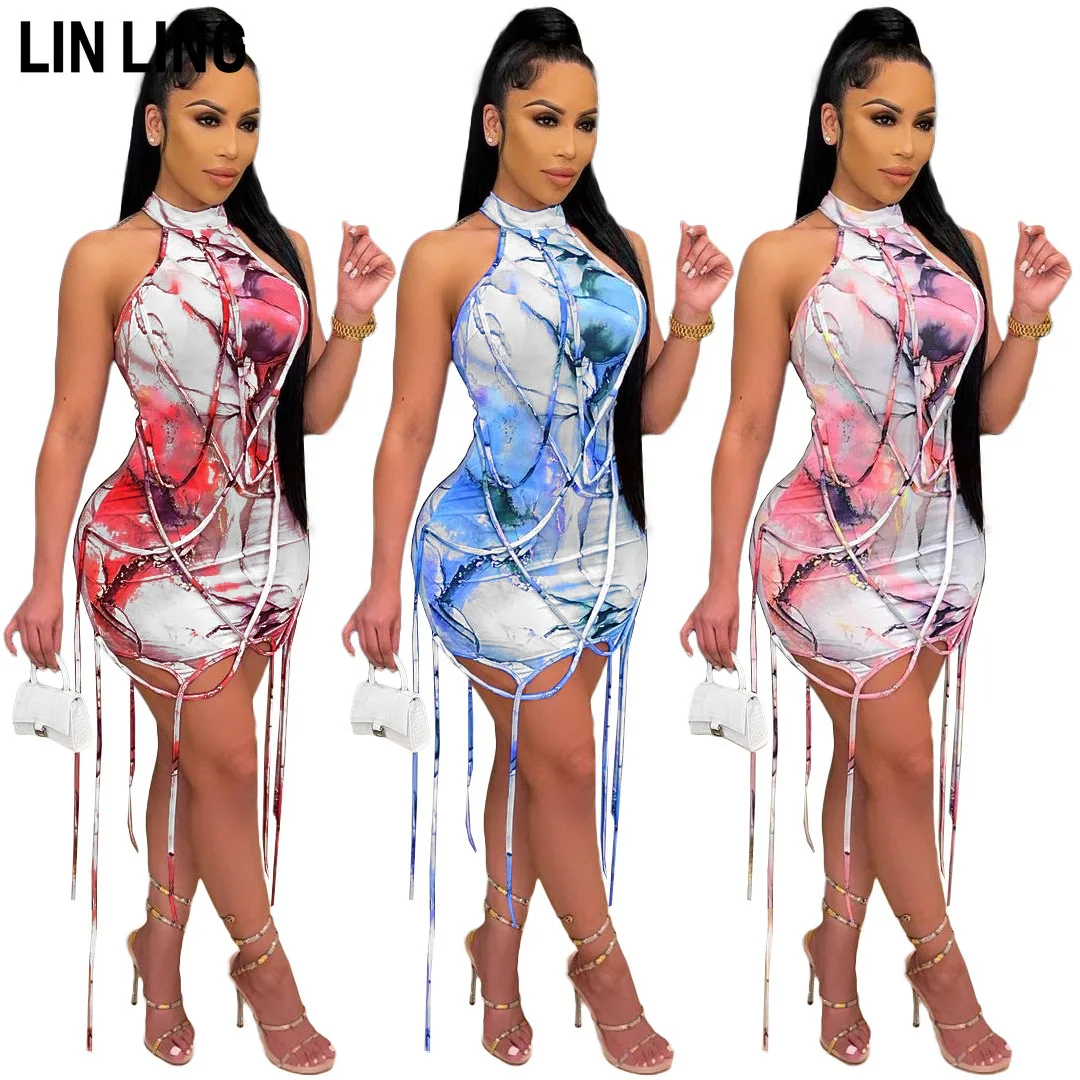 

LINLING Women Fashion Floral Print Dress Summer Chic Sexy Rope Decoration Halter Party Dress Female Elegant Sleeveless Dress