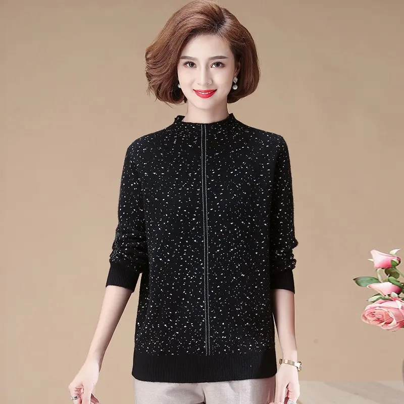 

Осенне-зимний свитер для женщин среднего возраста, свитер с высоким воротником, толстый теплый свитер размера плюс с модным принтом, Женски...