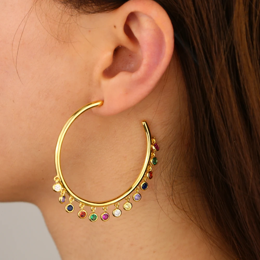gold filled Multiple Round rainbow cz charm Earrings Jewelry gorgeous circle hoop Chandelier for Women fashion | Украшения и