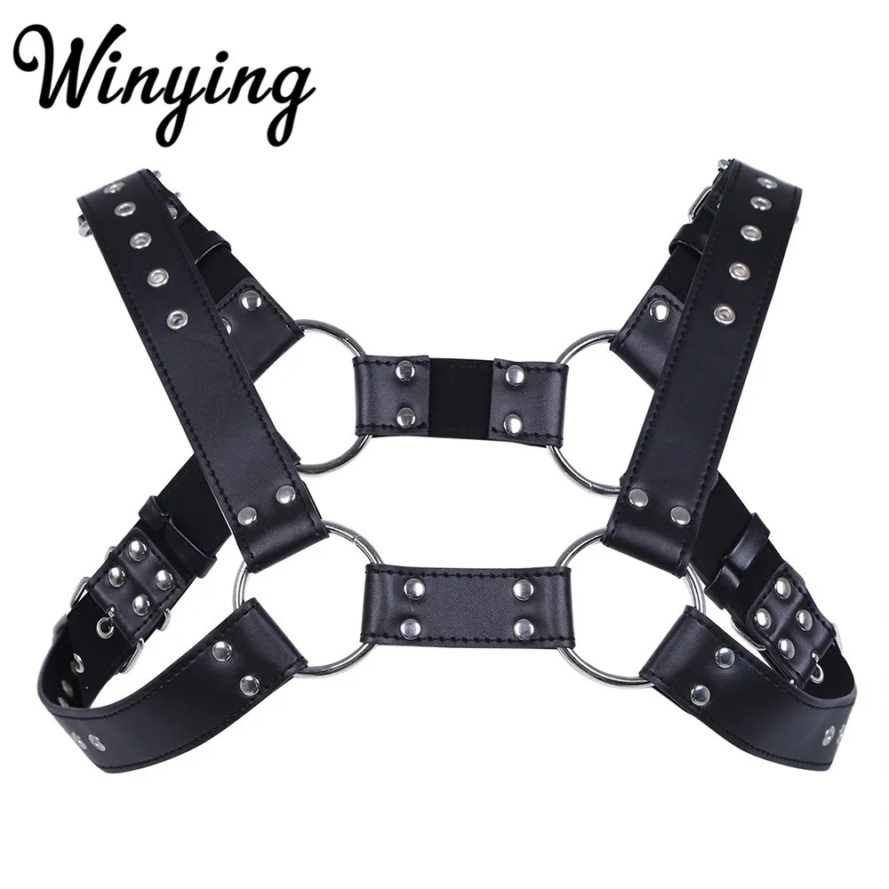 

Men Black Faux Leather Adjustable Body Sexy Braces Chest Harness Belts with Buckles Gay Lingerie Male Restraints Bondage Costume