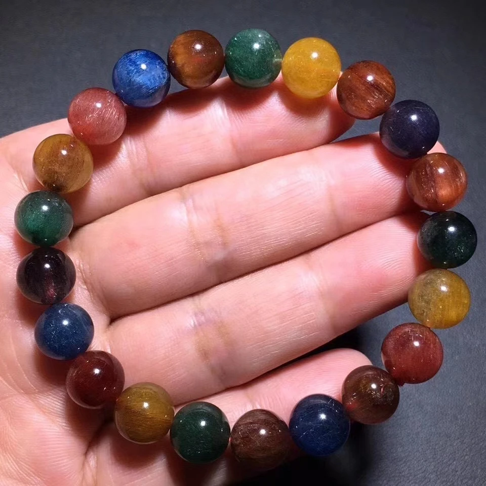 

Certificate Natural Colorful Rutilated Quartz Clear Round Beads Bracelet 9.2mm Cat Eye Women Men Wealthy Stone AAAAA