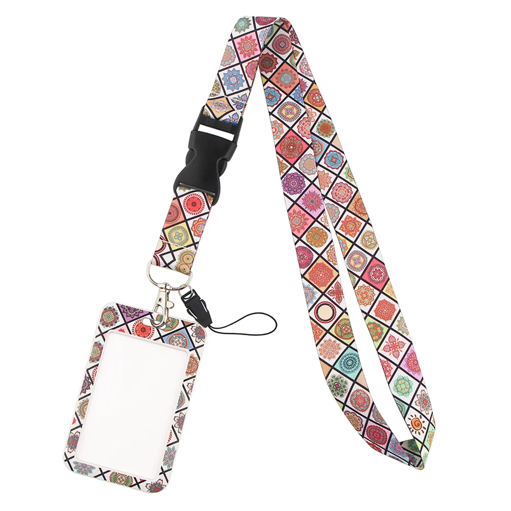 

YL78 Vintage Bohemian Mandala Flower Keychain Ribbon Lanyards Badge Holder ID Card Phone Straps Hanging Rope Lariat Friends Gift