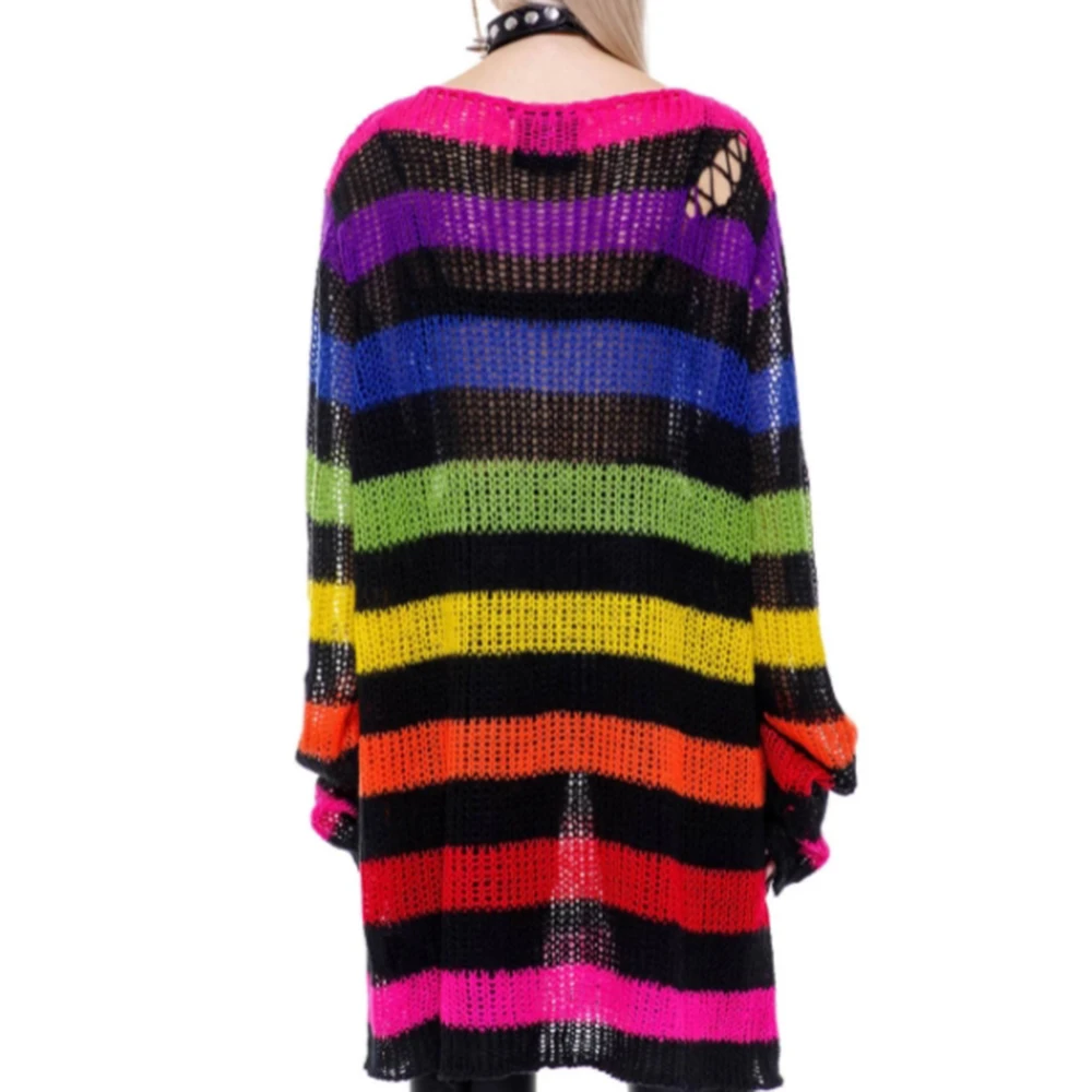 

Gothic Summer 2021 Sweater Fashion High Street Color Stripes Hole Loose Casual Knitting Long Round Neck Long Sleeve Hipster
