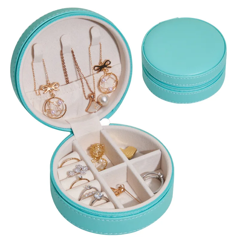 Caja de almacenamiento de joyer&iacute;a port&aacute;til, accesorio redondo y creativo de viaje, de cuero PU, para anillo, boda, fiesta, aniversario, regalo-5